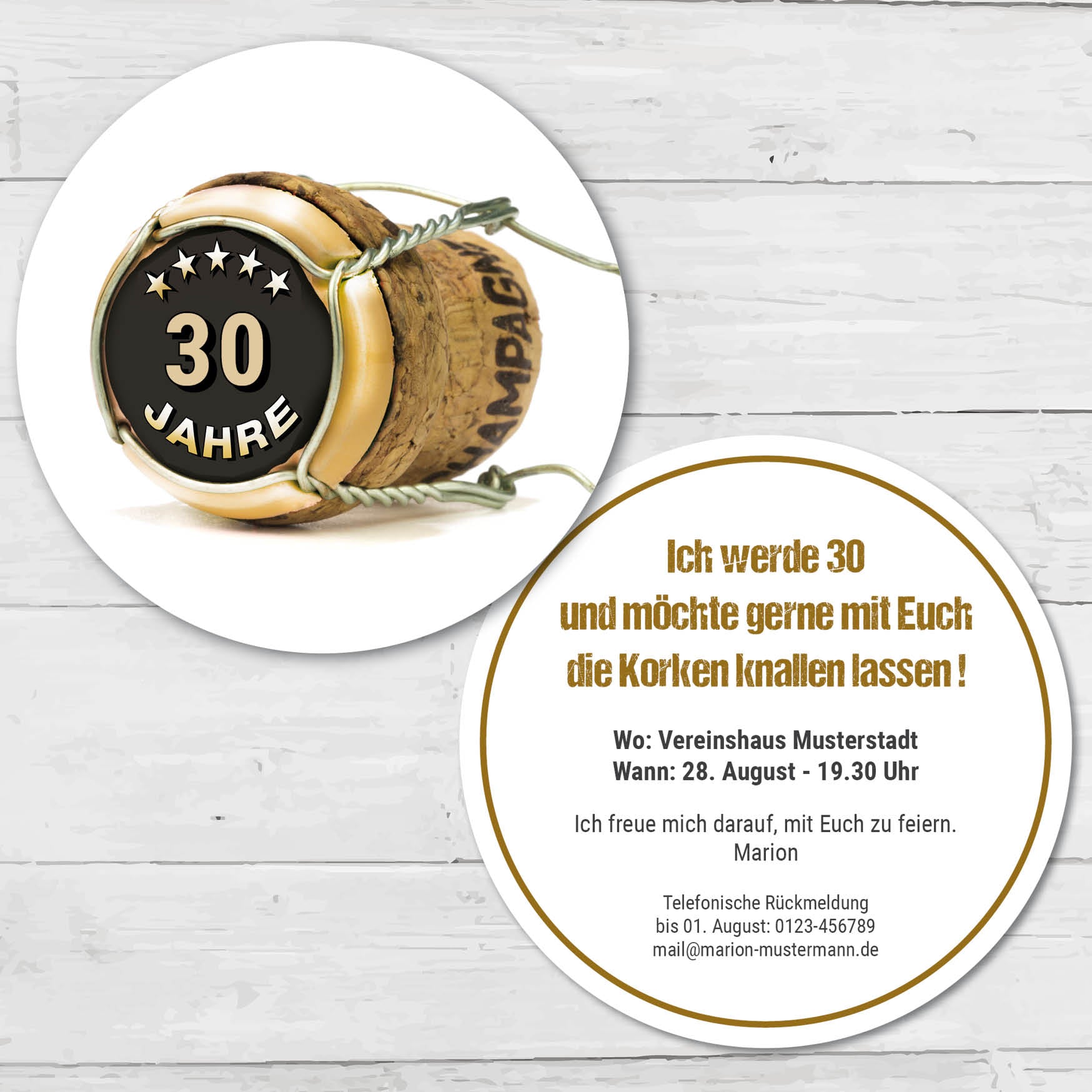 Bierdeckel Einladung zum Geburtstag: Champagner Korken - Individuelle Einladung